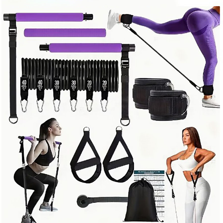 Home Gym Full Setup - ชุดยางยืดออกกำลังกาย 180 ปอนด์ พร้อมบาร์พิลาทิสปรับระดับได้ ชุดออกกำลังกายแบบพกพาสำหรับการฝึกความแข็งแรงทั่วร่างกายและการออกกำลังกายพิลาทิส
