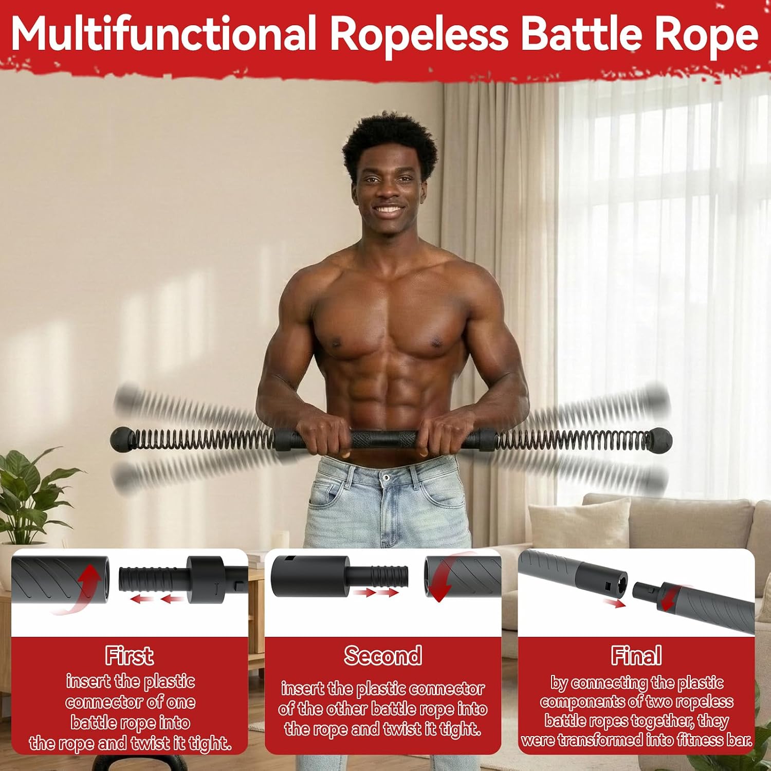 Home Gym Gear - อุปกรณ์ออกกำลังกายแบบ 2-in-1 รุ่นอัพเกรด: เชือกออกกำลังกายไร้สายพร้อมบาร์บิดตัว, อุปกรณ์ฝึกความแข็งแรงด้วยสปริงยืดหยุ่นสูง, อุปกรณ์ออกกำลังกายสำหรับการบริหารกล้ามเนื้อทั่วร่างกายเพื่อเสริมสร้างความแข็งแรงของร่างกายส่วนบน,